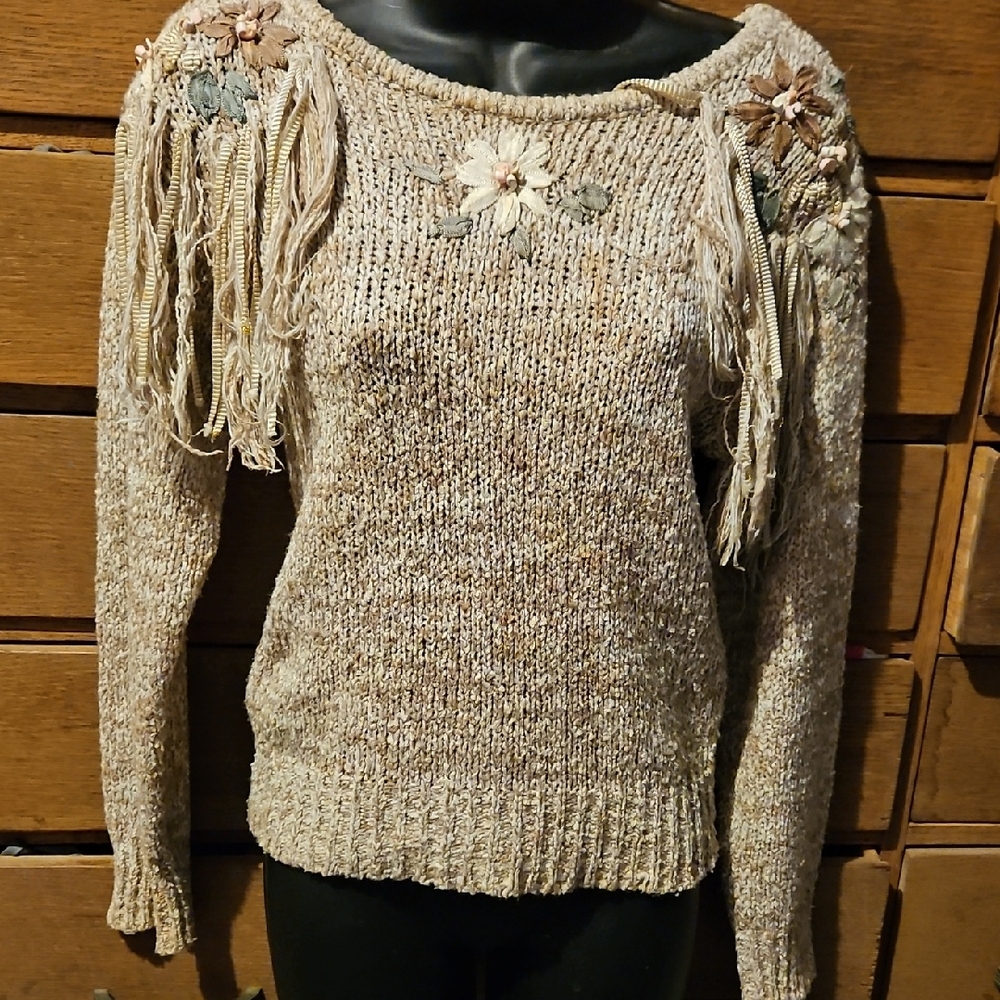 Notations Beige Sweater with Floral and Fringe Accents